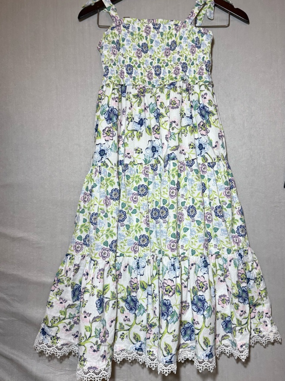 Cupcakes & cashmere Girls' White Floral Tiered Sundress with Blue & Green Print